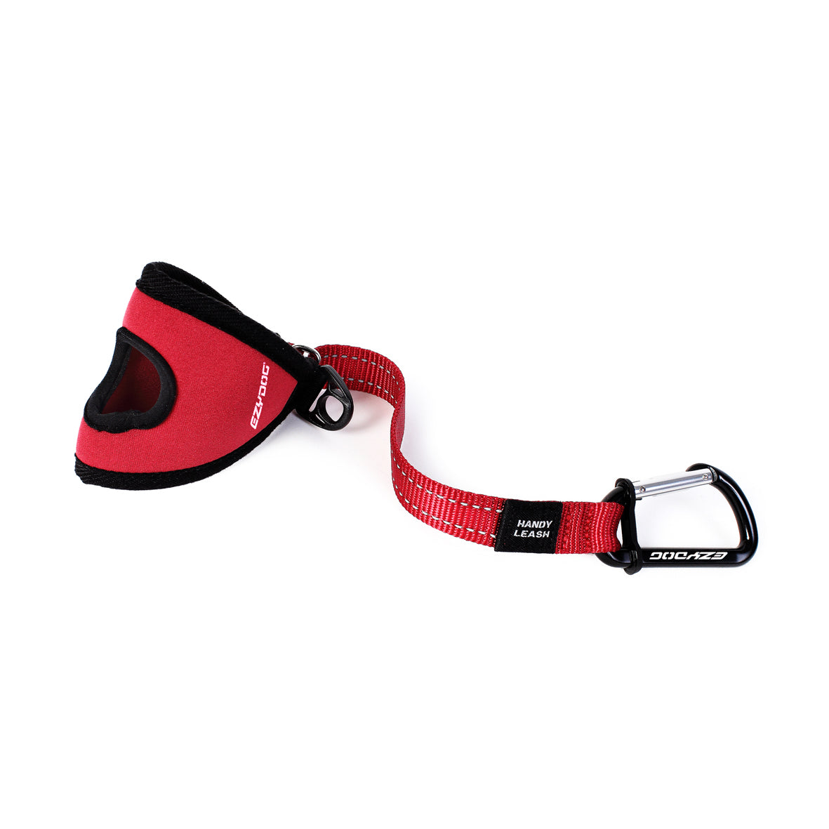 Red dog leash with black handle on a white background