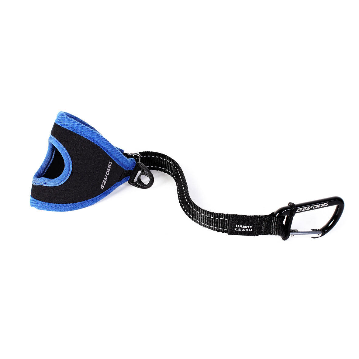 Black and blue dog handle with leash on a white background