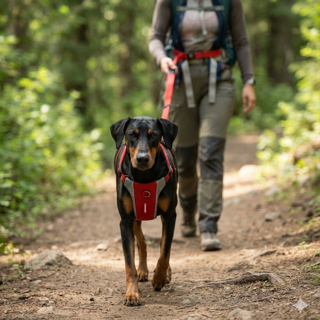 A black and tan dog wearing a red and gray harness walks on a dirt trail, with a person hiking behind it through a green forest.