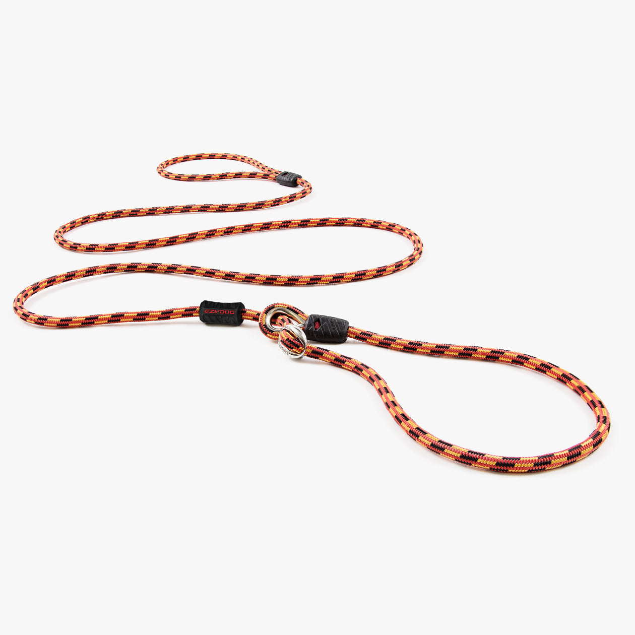 Orange and black dog leash on a white background
