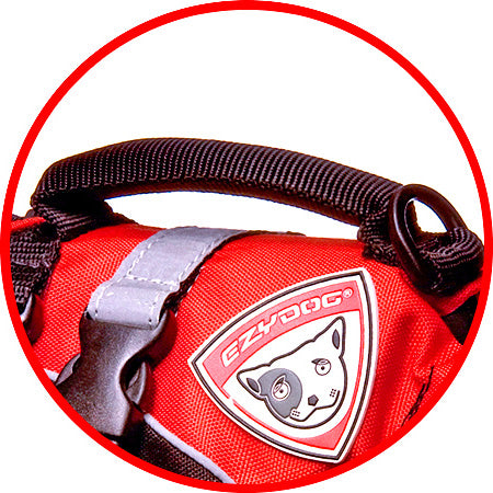 Red life jacket handle with Ezy-Dog logo on a white background