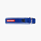 Blue and black dog collar on a white background