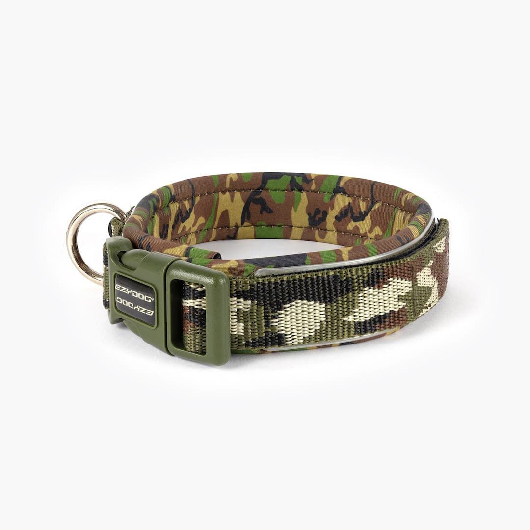 Camouflage-patterned dog collar on a white background