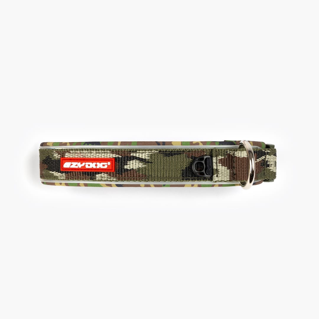 Camouflage-patterned dog collar with a red tag on a white background.