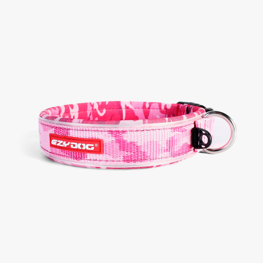 A pink neoprene and nylon dog collar with a black plastic buckle and a label that reads 'EzyDog'.