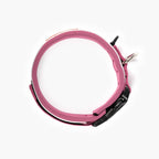 Pink dog collar with black clips on a white background