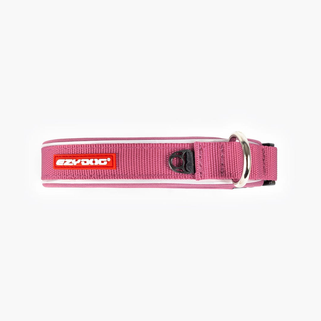Pink dog collar with a red tag on a white background