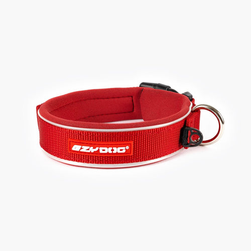 A red neoprene and nylon dog collar with a black plastic buckle and a label that reads 'EzyDog'.