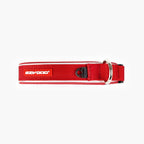 Red dog collar with metal ring on white background