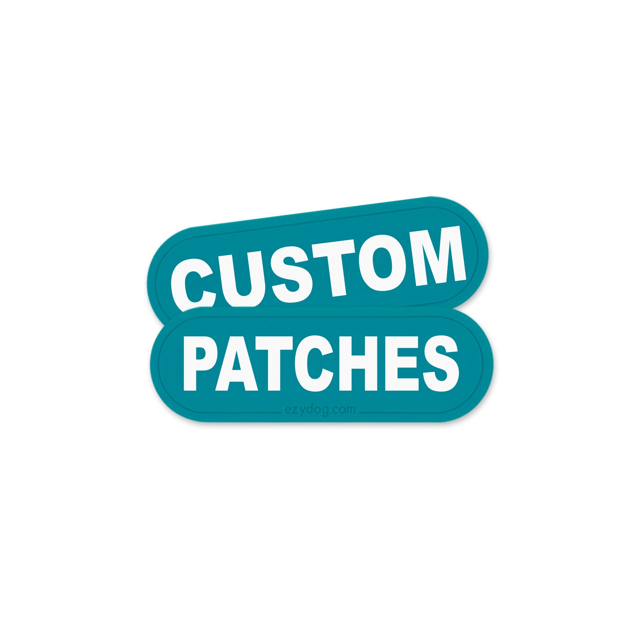 A teal sticker or patch with rounded corners and the words 'CUSTOM PATCHES' in bold white text, centered on a plain white background.