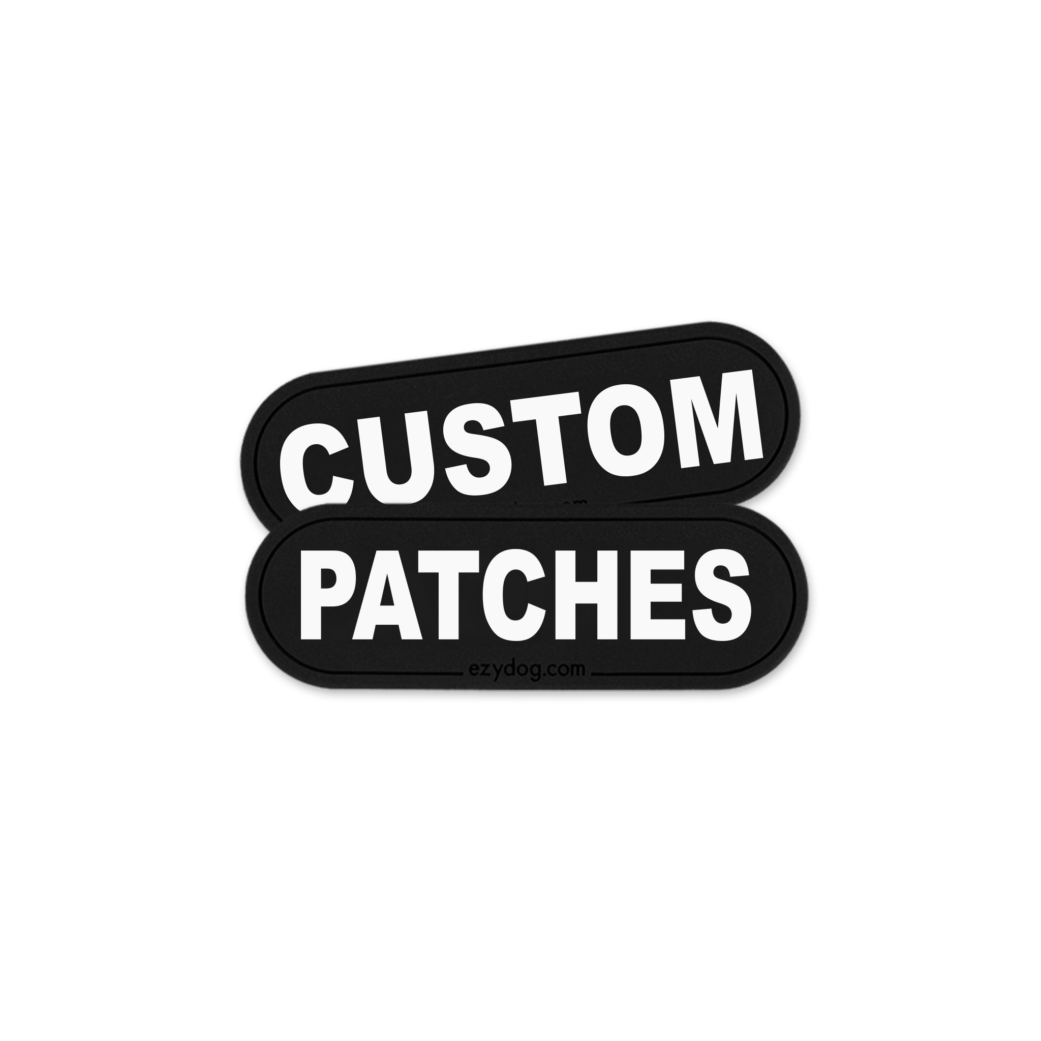 Two black rounded rectangular patches with white text reading 'CUSTOM PATCHES' on a plain white background.