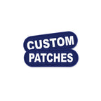 Two dark blue rounded rectangular patches with white text reading 'CUSTOM PATCHES' on a plain white background.