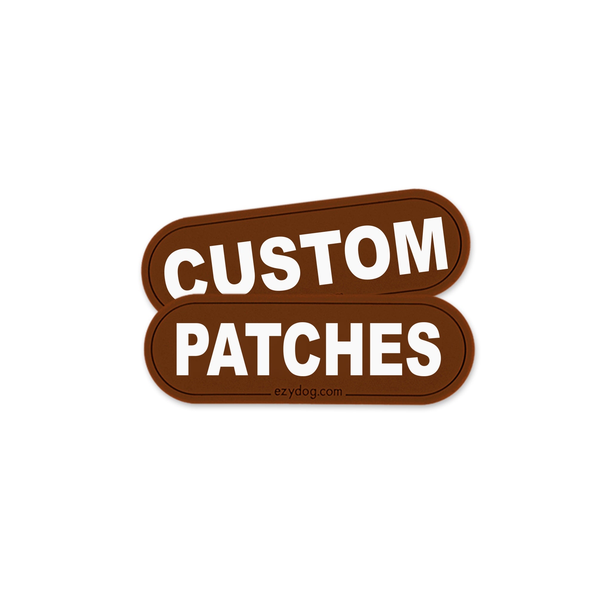 Two overlapping brown rounded-rectangle patches with white text reading 'CUSTOM PATCHES' on a plain white background. Small text at the bottom reads 'ezdog.