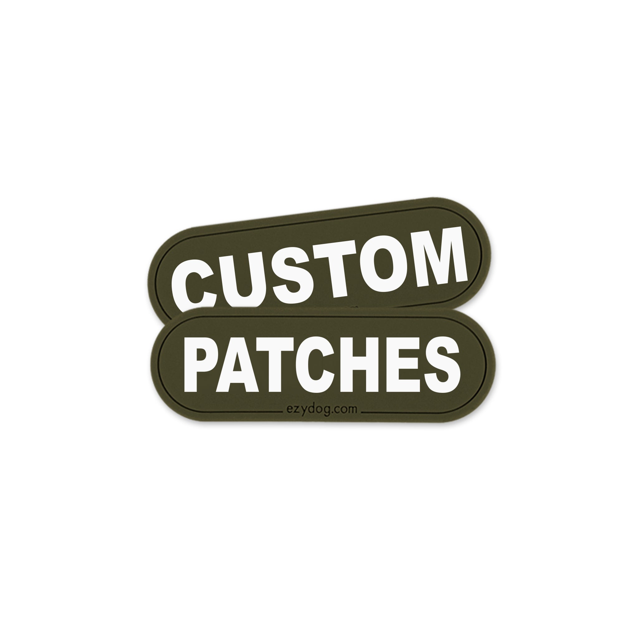 Two dark olive green rounded rectangular patches with white text reading 'CUSTOM PATCHES' on a plain white background.
