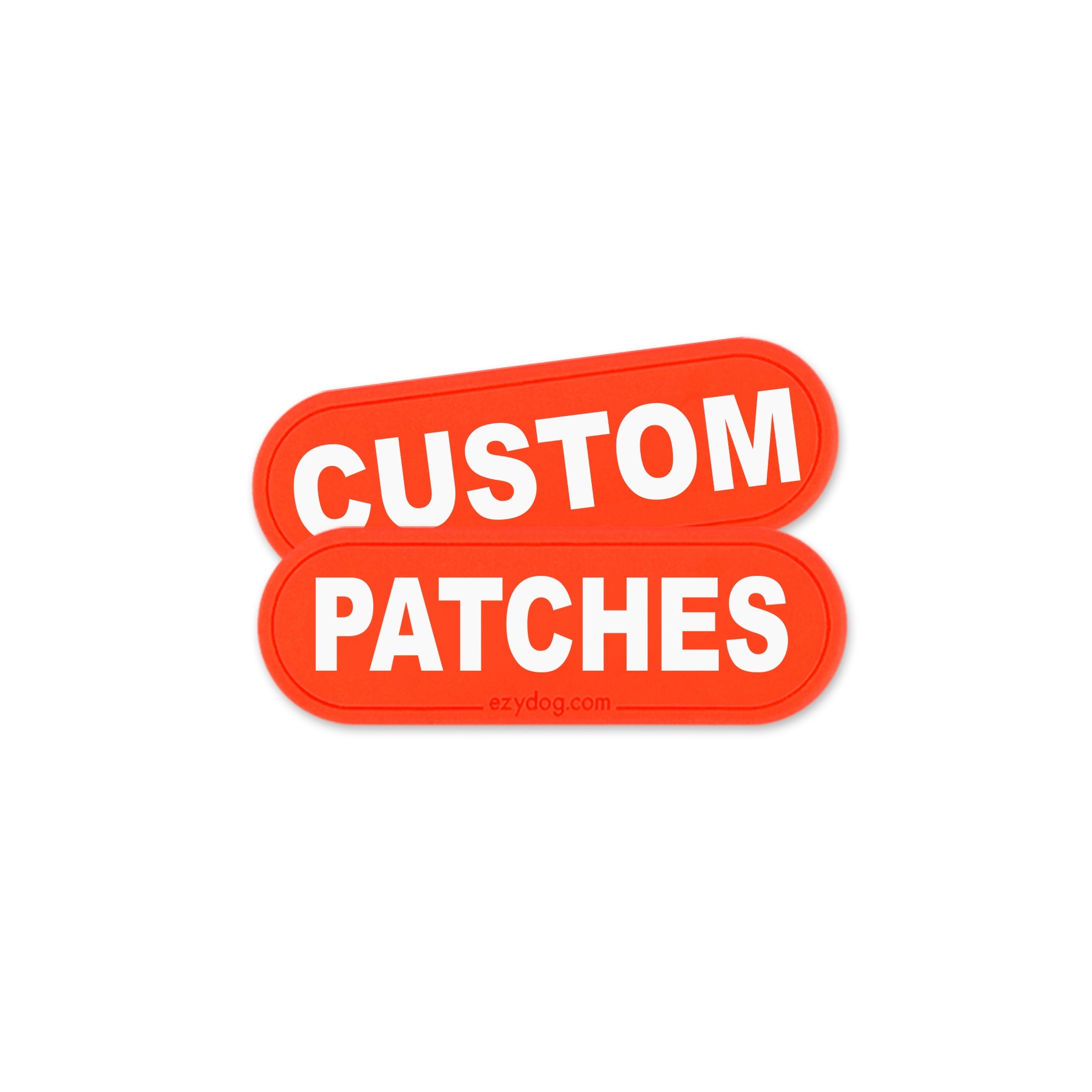 Two overlapping bright orange rounded rectangular patches with white text reading 'CUSTOM PATCHES' on a plain white background.