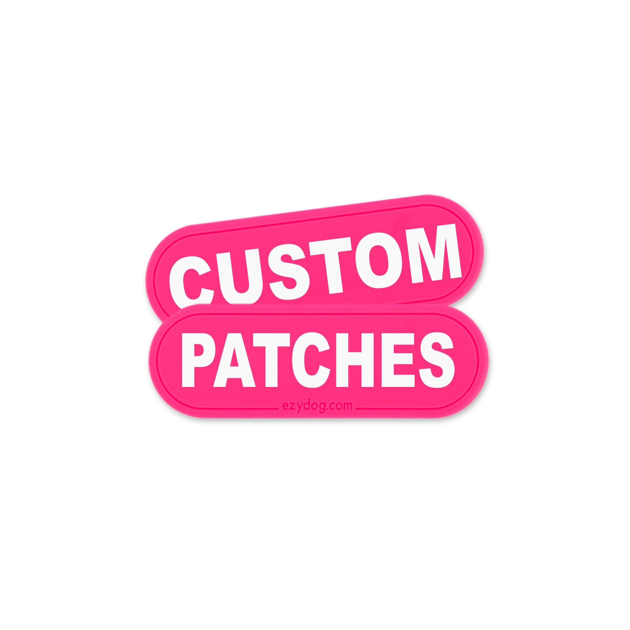 Two overlapping bright pink rounded rectangular patches with bold white text reading 'CUSTOM PATCHES' on a plain white background. Small text at the bottom reads 'etsydog.