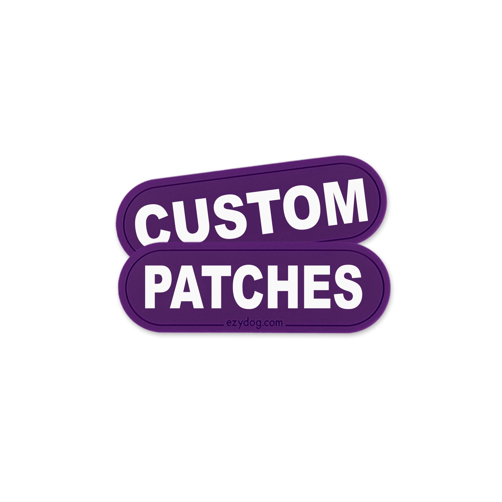 Two overlapping purple rounded-rectangle patches with white text reading 'CUSTOM PATCHES' on a plain white background. Small text below reads 'ezdog.