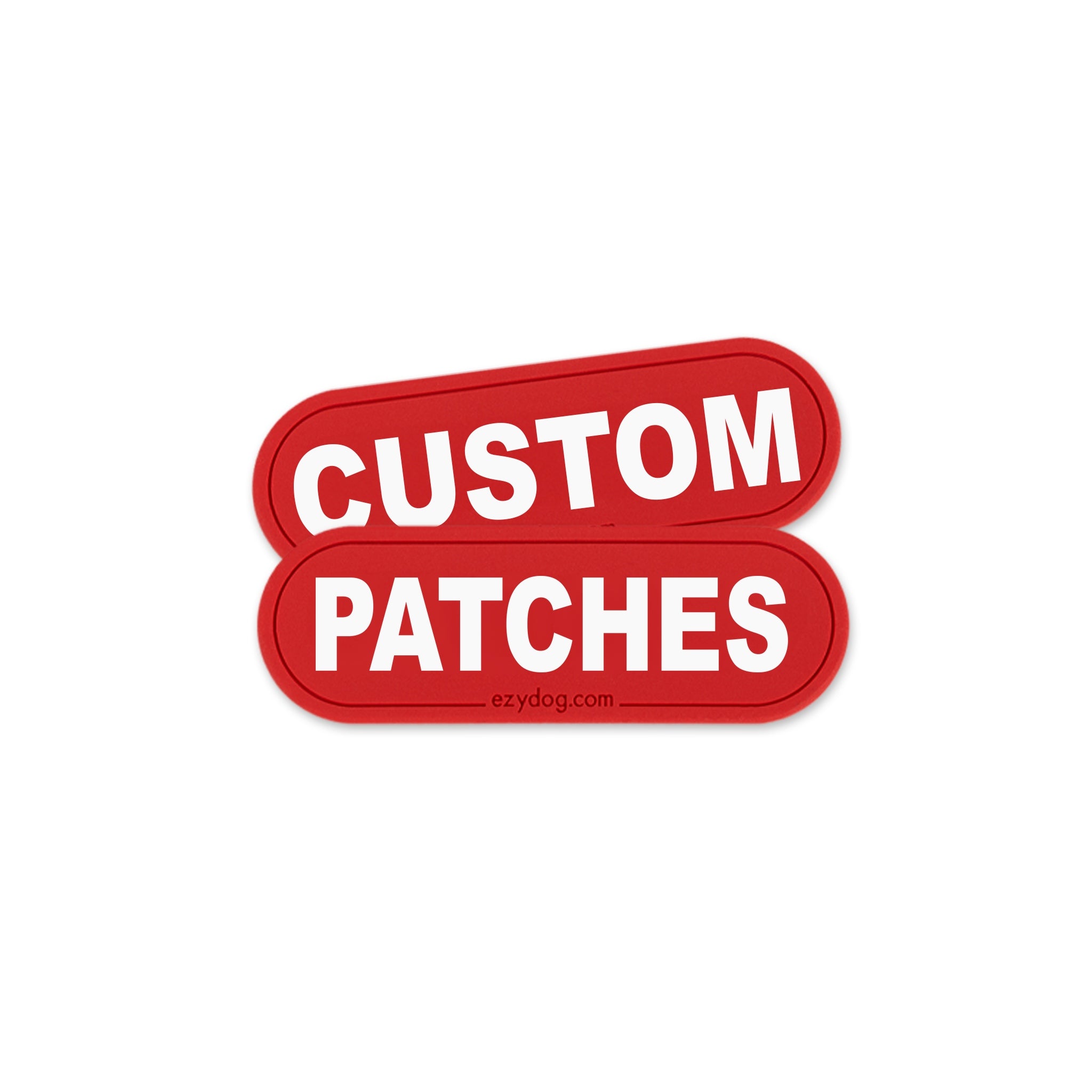 Two red rounded rectangular patches with white text reading 'CUSTOM PATCHES' on a plain white background. Small text near the bottom appears to read 'erydog.