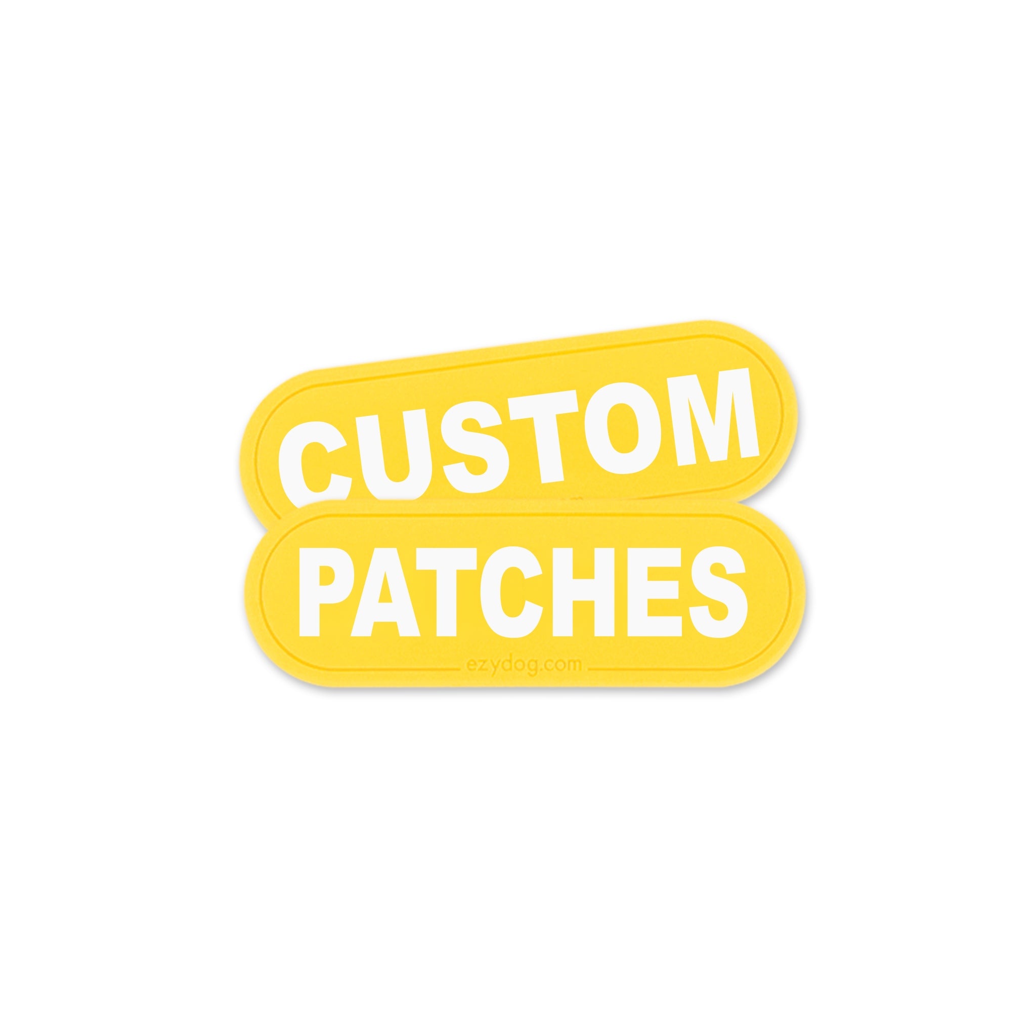 Two overlapping yellow rounded rectangular patches with white text reading 'CUSTOM PATCHES' on a plain white background.