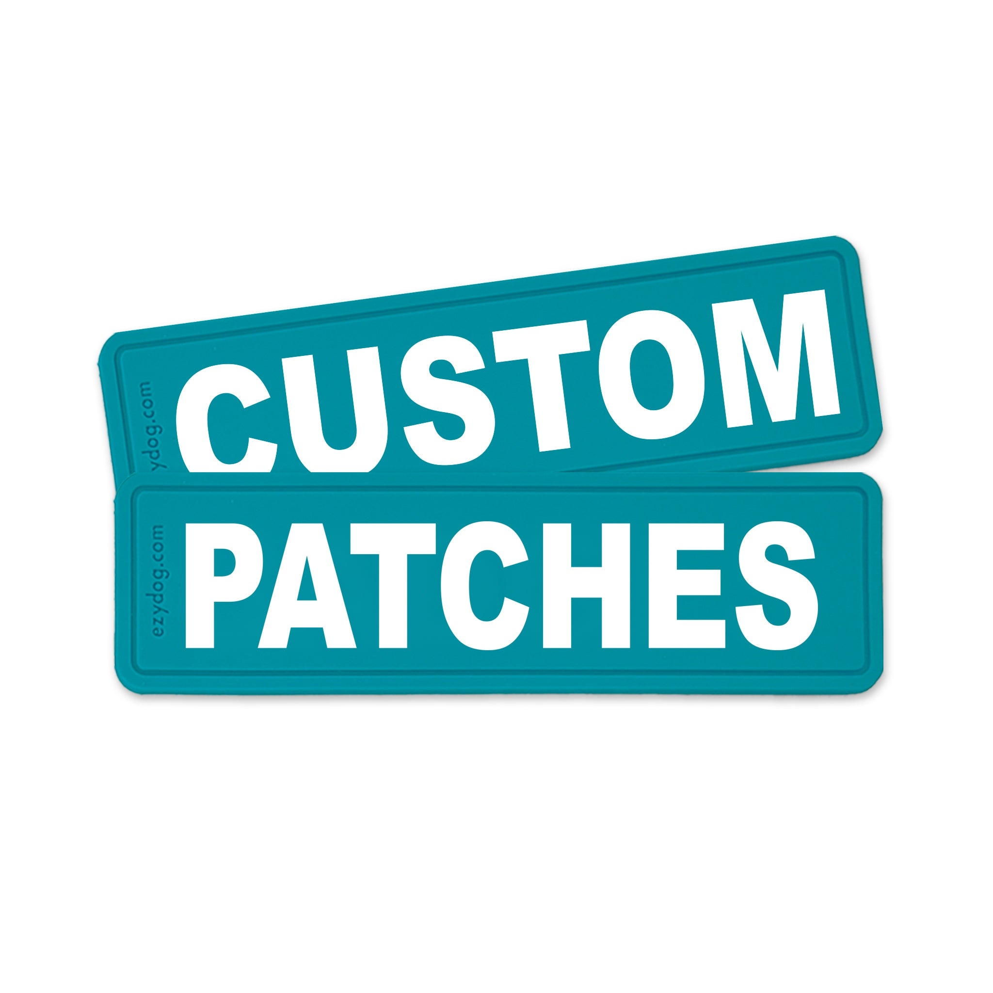 Two teal rectangular patches with rounded corners and bold white text reading 'CUSTOM PATCHES' on a plain white background.