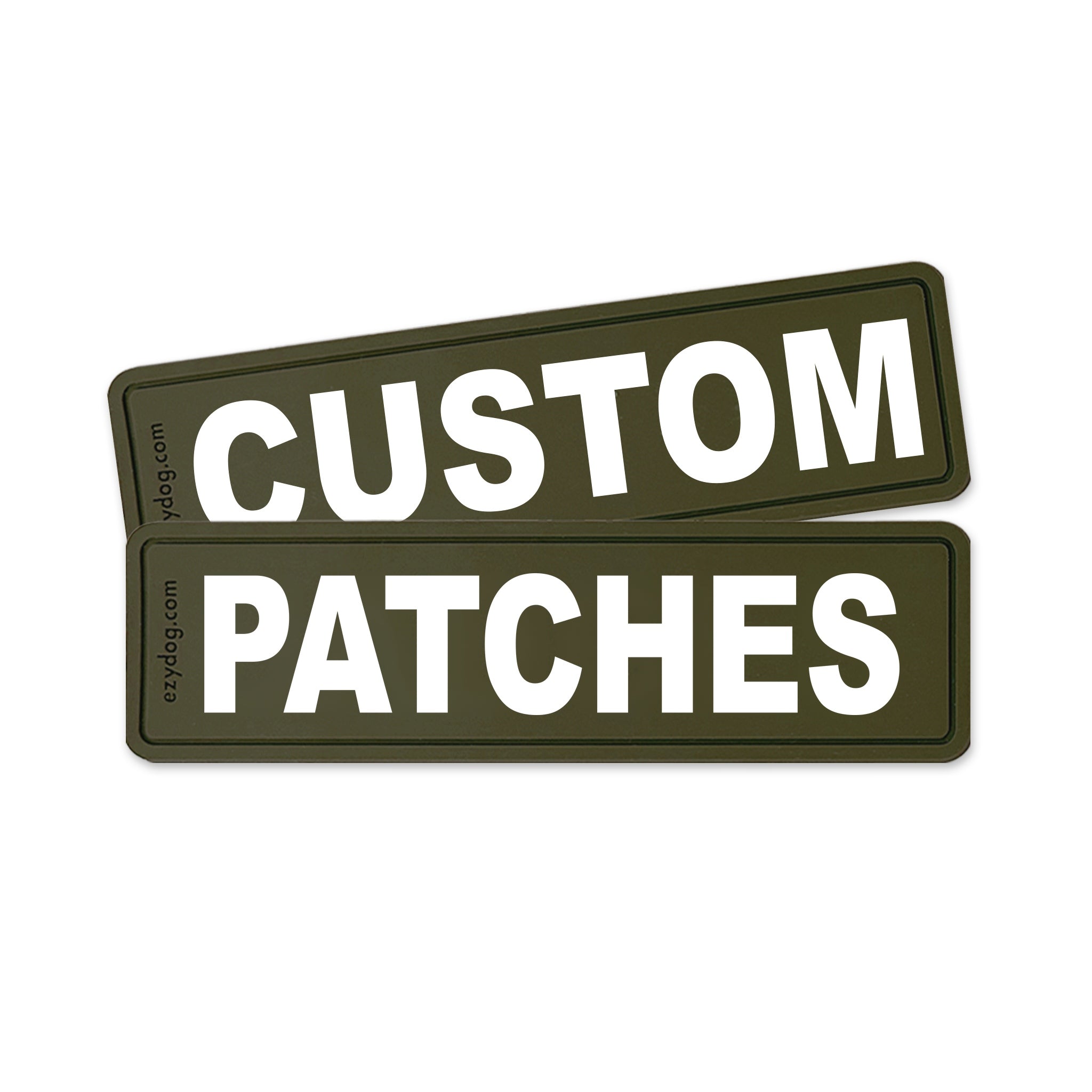 Two olive green rectangular patches with bold white text reading 'CUSTOM PATCHES' on a plain white background.