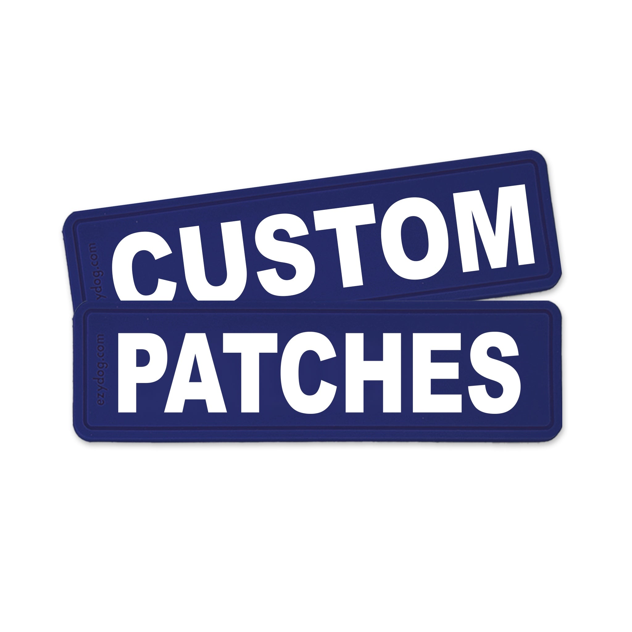 Two dark blue rectangular patches with bold white text reading 'CUSTOM PATCHES' on a plain white background.