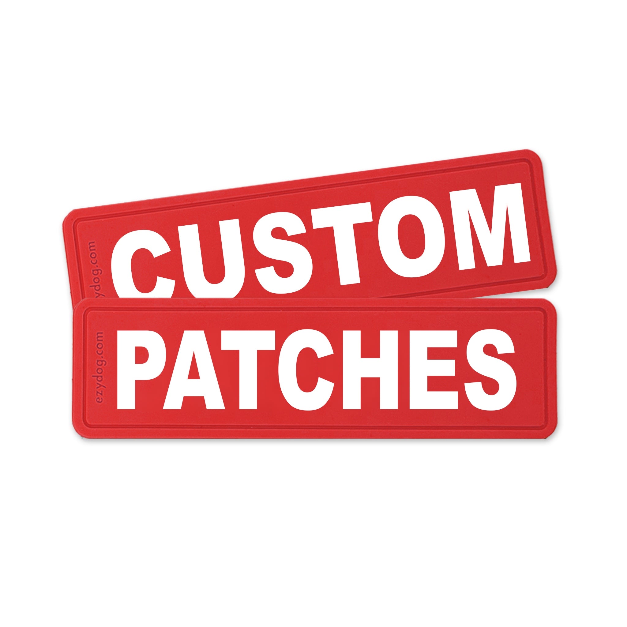 Two red rectangular patches with rounded corners, stacked slightly offset, featuring the words 'CUSTOM PATCHES' in large white capital letters on a plain white background.