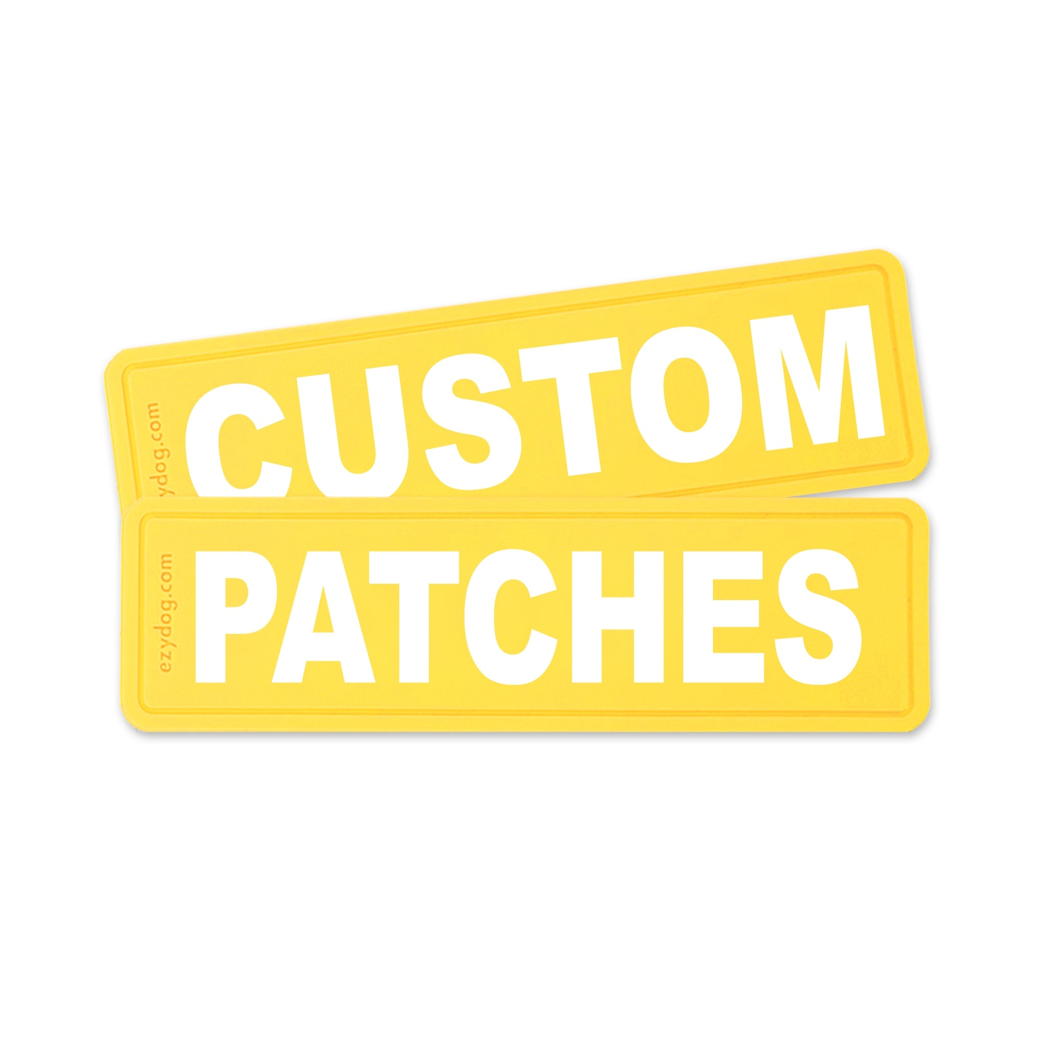 Two bright yellow rectangular patches with rounded corners, stacked slightly offset. The top patch reads "CUSTOM" in large white letters, and the bottom patch reads "PATCHES" in large white letters.