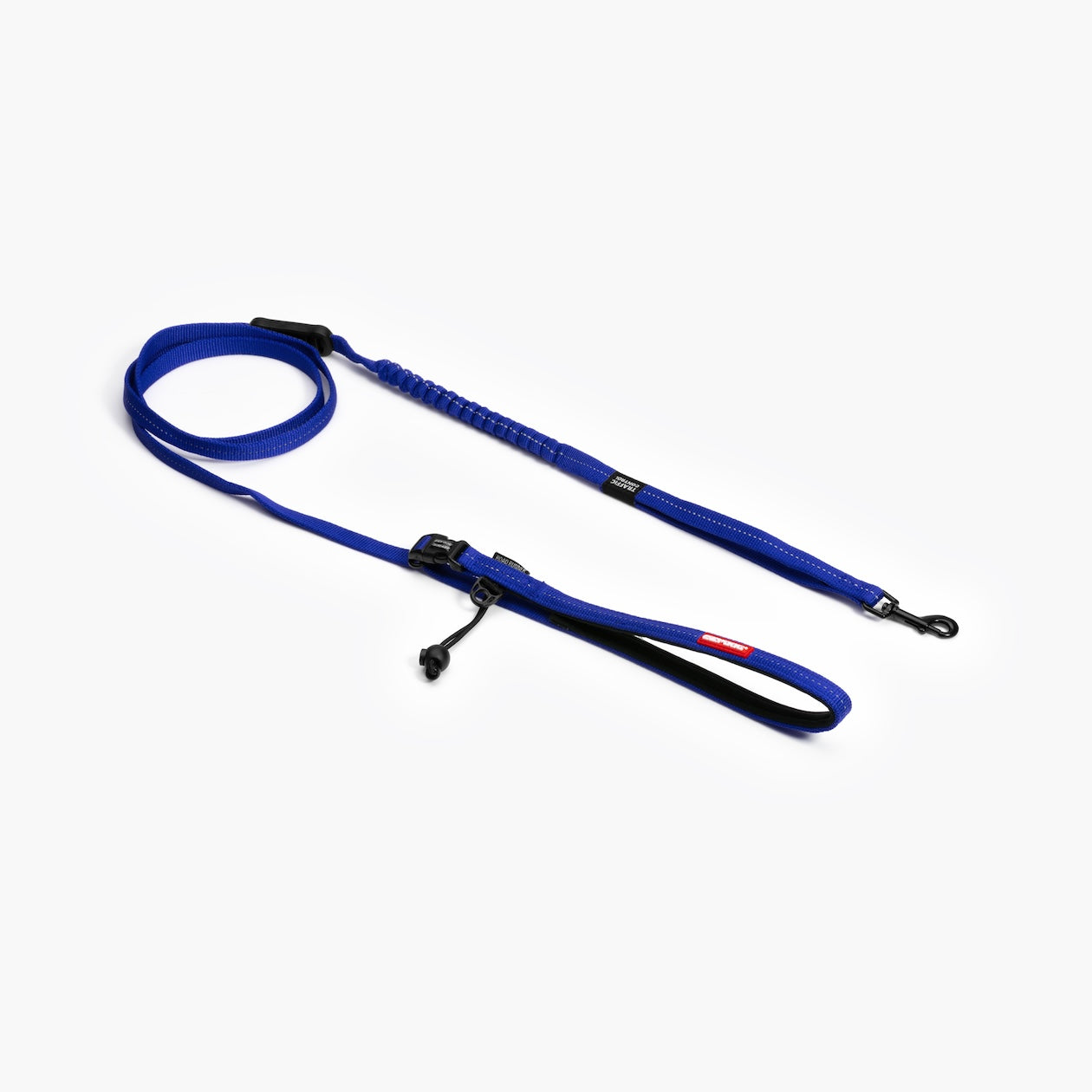 Blue dog leash with black clip on a white background