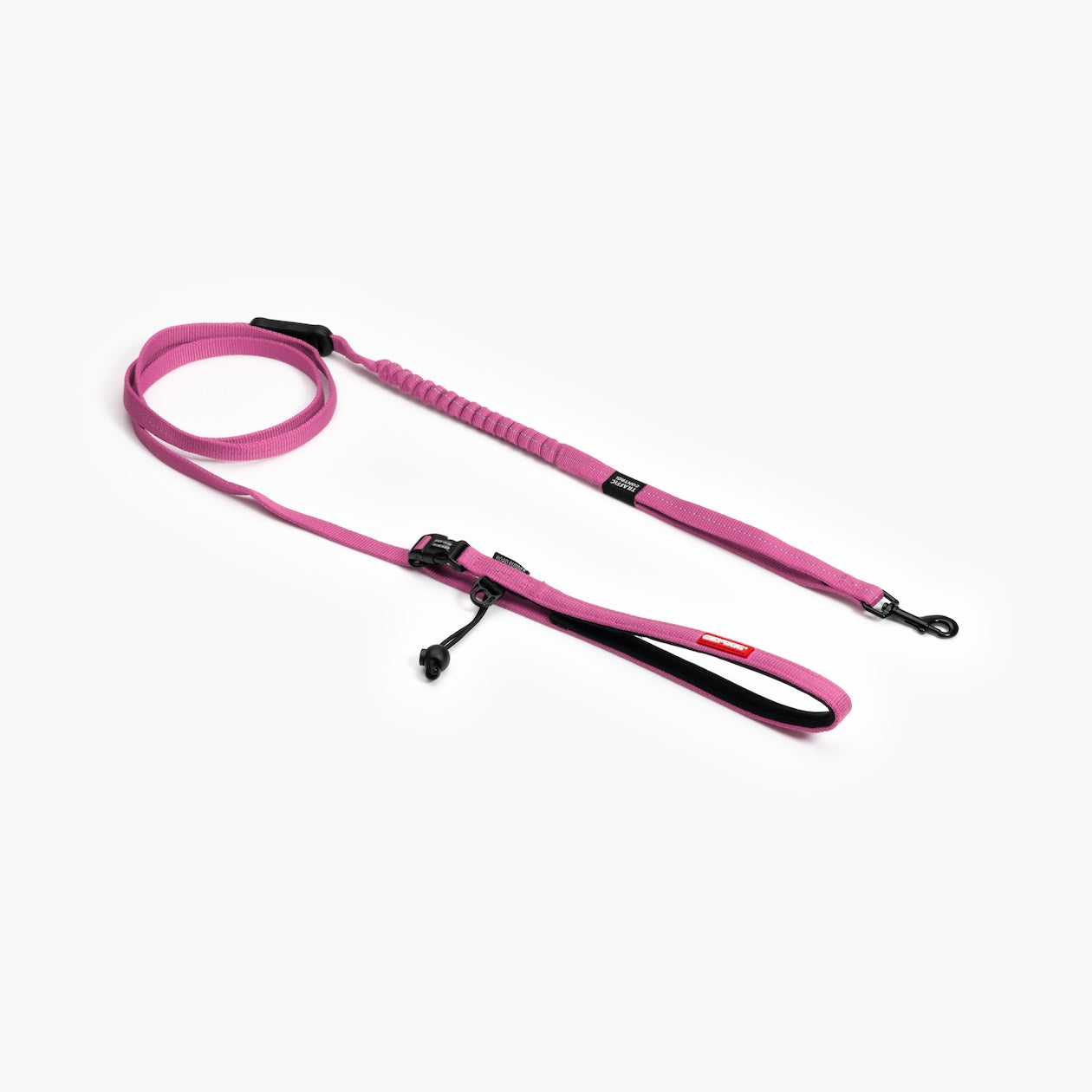Pink dog leash with black clips on a white background