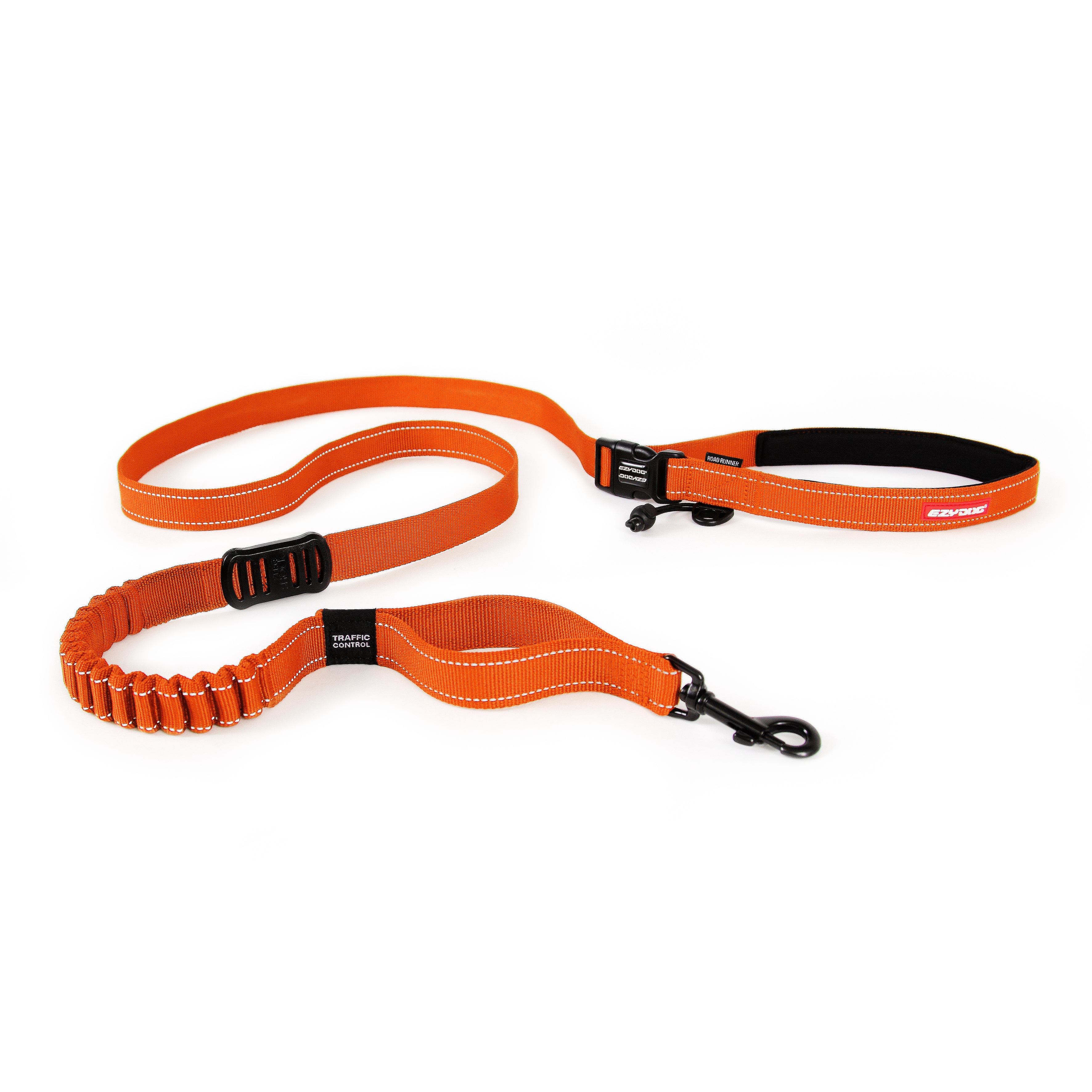 Orange dog leash with black clips on a white background