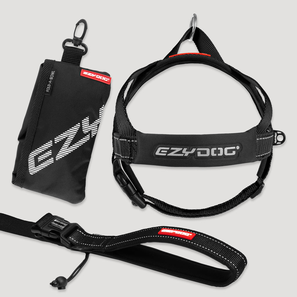 EzyDog dog harness, leash, and pouch on a light gray background