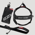 EzyDog dog harness, leash, and pouch on a light gray background