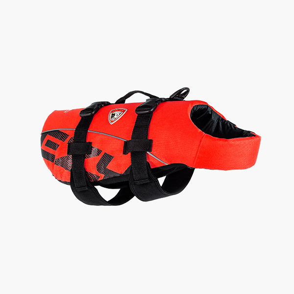 Red dog life jacket with black straps on a white background