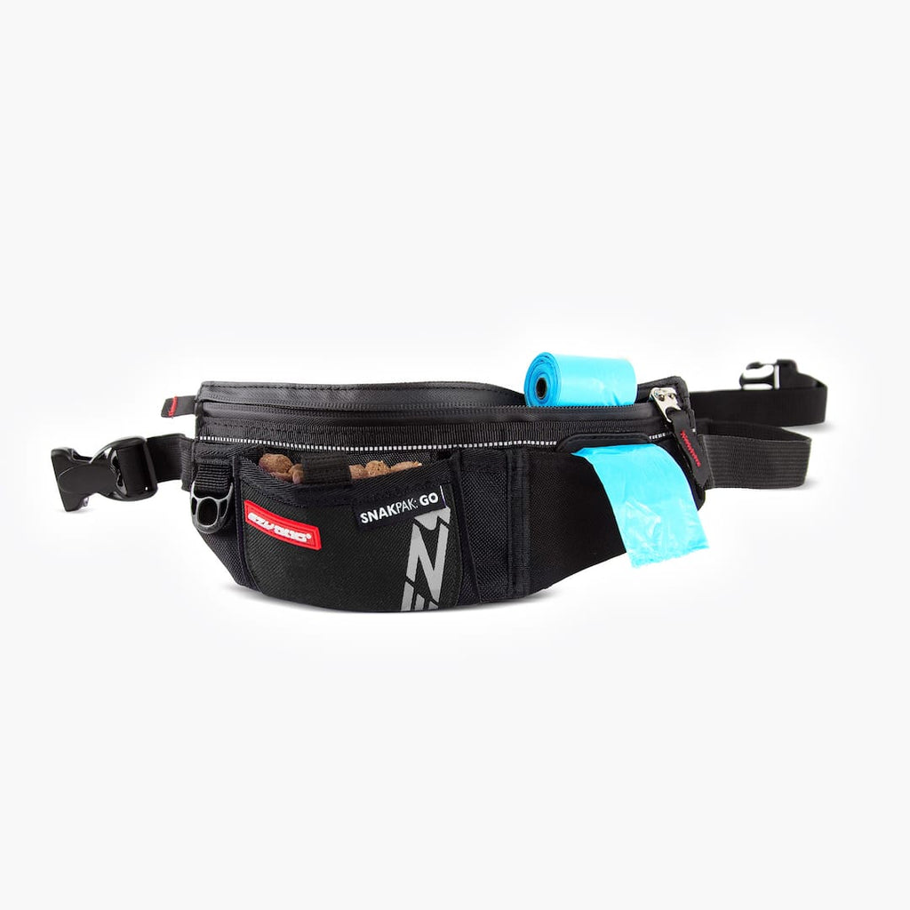 Black waist bag with multiple pockets and blue bags on a white background