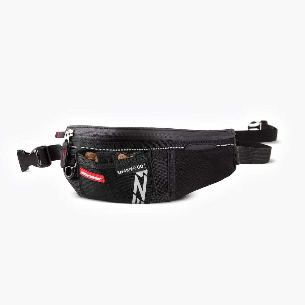 A black pouch with a pocket at the front for treats and a larger zippered pocket for accessories, attached around the waist with adjustable elastic webbing.
