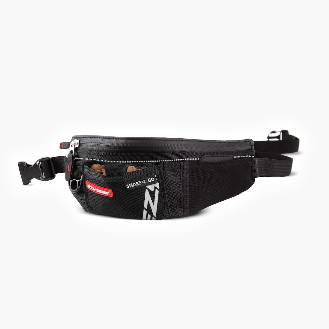 A black pouch with a pocket at the front for treats and a larger zippered pocket for accessories, attached around the waist with adjustable elastic webbing.