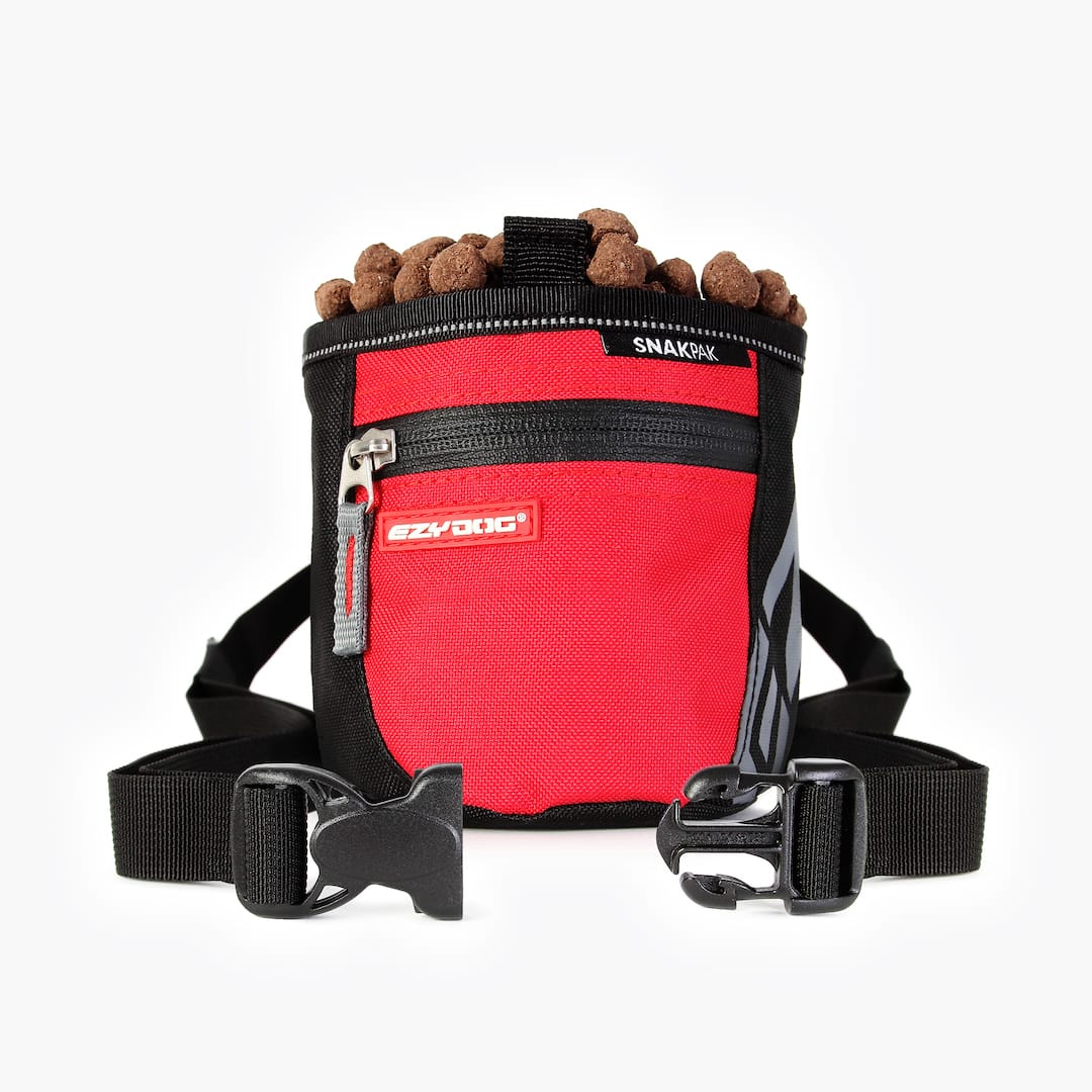 Red and black dog treat pouch with snacks on a white background
