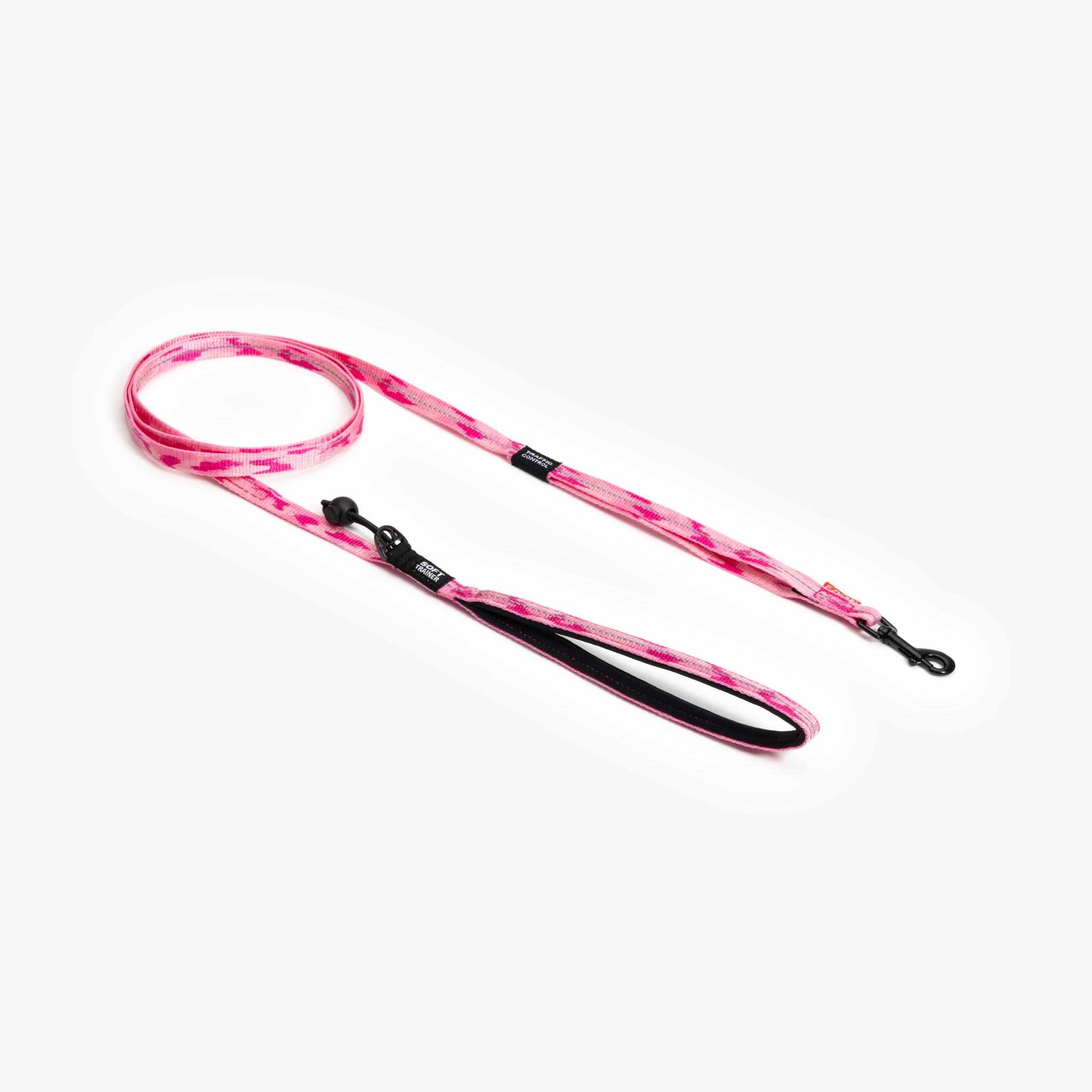 Pink camouflage dog leash on a white background