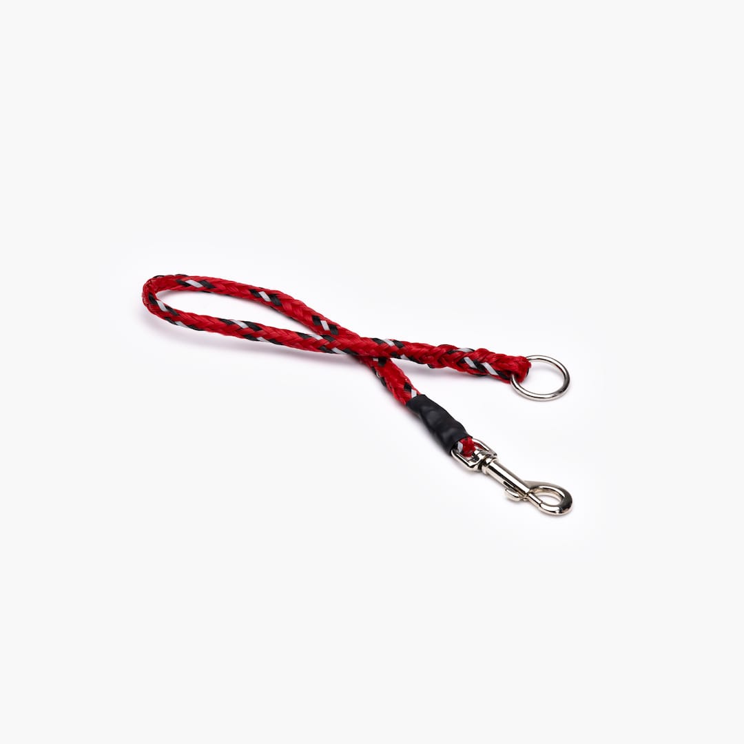 A black bungee leash extension with a metal clasp on each end, isolated on a white background.