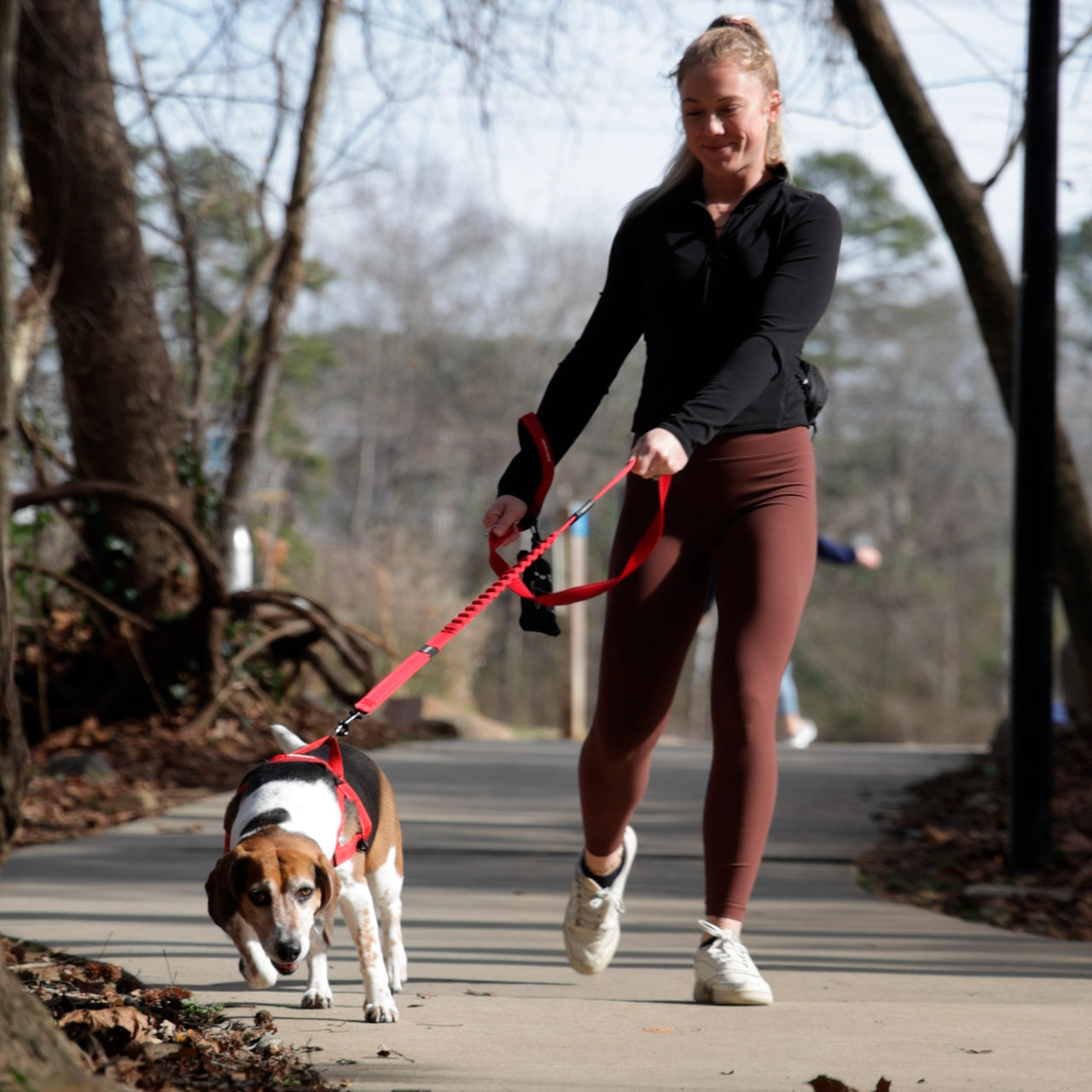 Woman walking a dog on a leash in a park