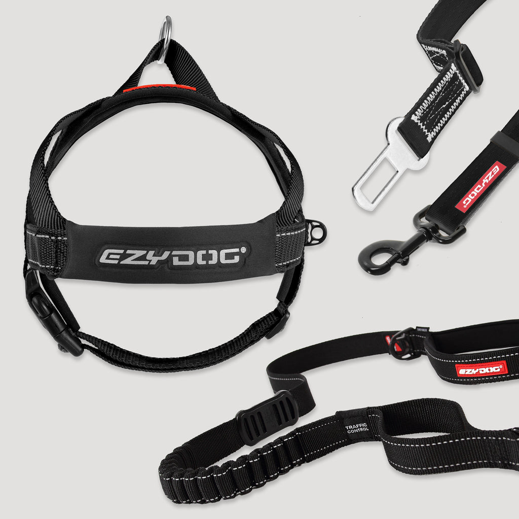 Walking bundle includes Ezydog Zero Shock Leash 48", Quick Fit Dog Harness, Click Adjustable Car Restraint in black color.