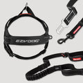 Walking bundle includes Ezydog Zero Shock Leash 48", Quick Fit Dog Harness, Click Adjustable Car Restraint in black color.