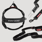 Walking bundle includes Ezydog Zero Shock Leash 48", Quick Fit Dog Harness, Click Adjustable Car Restraint in black color.