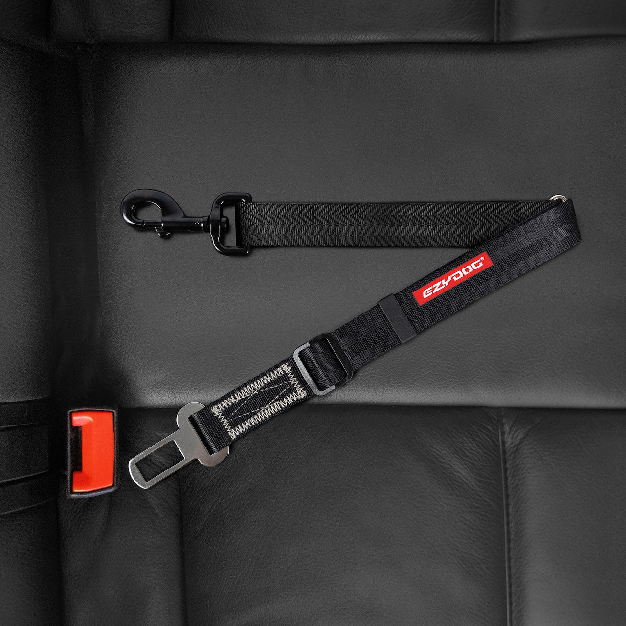 Black dog seat belt with red logo on a black car seat