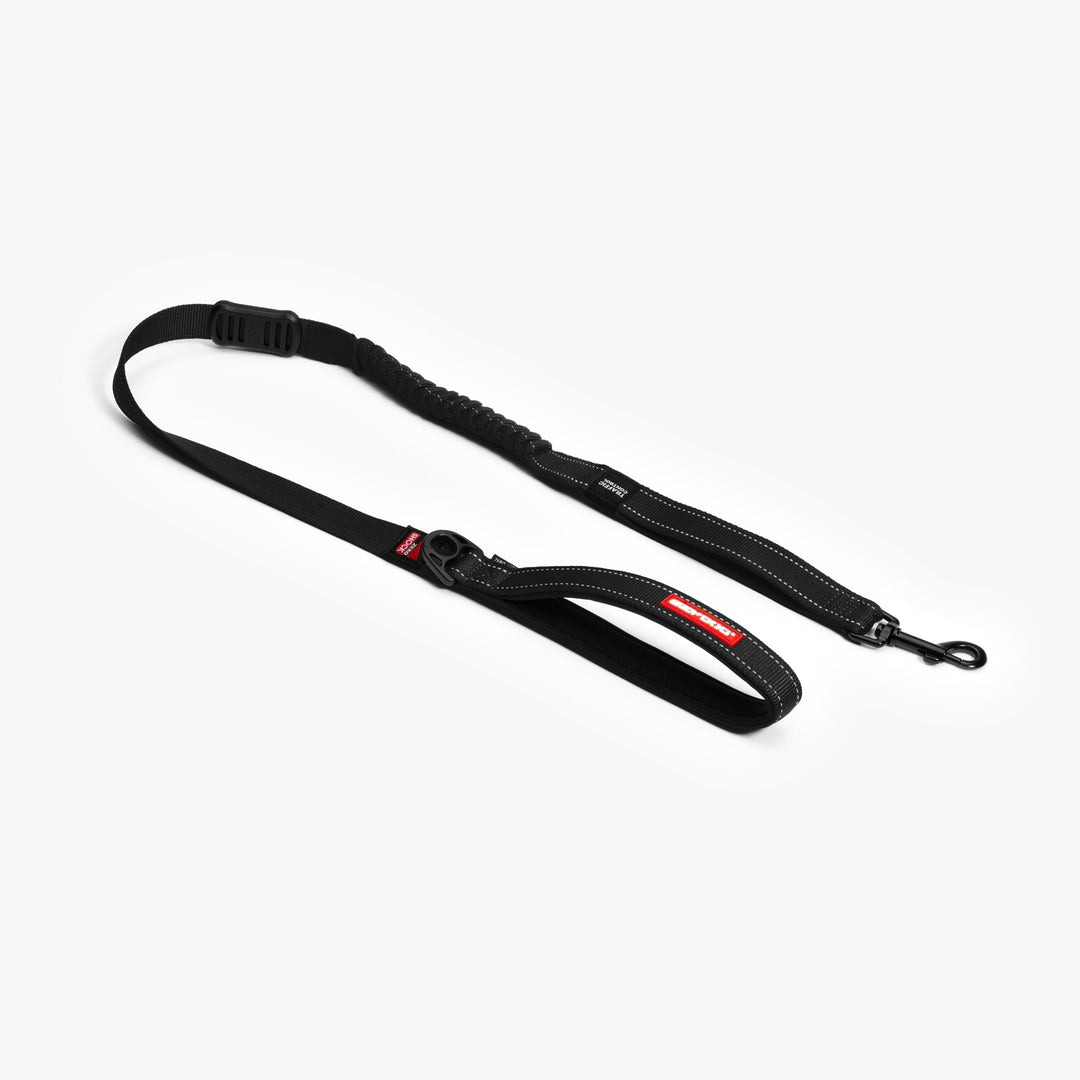Dog walking with Zero Shock™ Leash in black, showing shock absorption and comfort