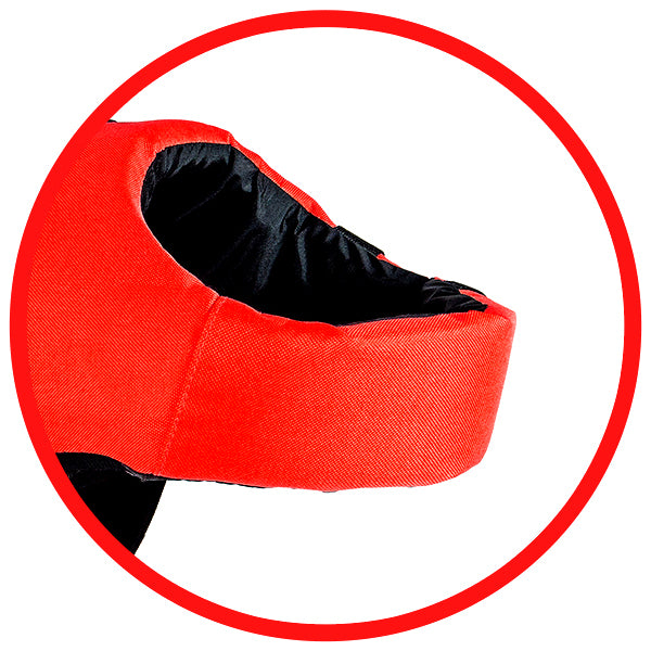 Contoured neck opening on red dog life jacket