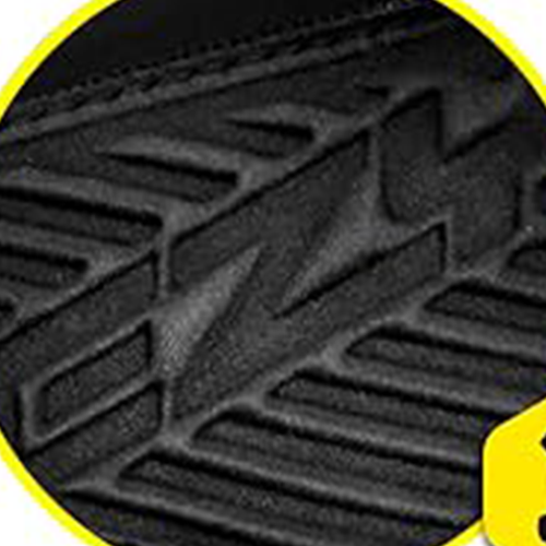 Close-up of a tire tread pattern with a brand logo in the corner.