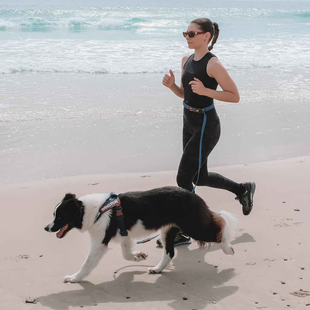 Woman jogging on the beach with dog using blue EzyDog Road Runner Leash in hands-free waist mode