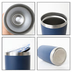 Collage of a blue insulated tumbler with silver lid on a white background